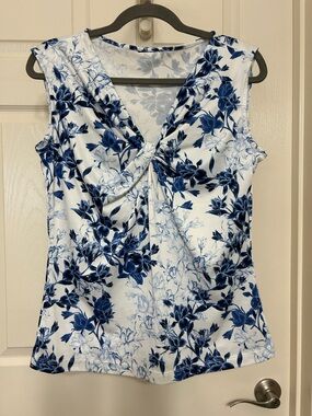 Blue and White Floral Twist-Front Sleeveless Tank Top Stretchy Medium to Large